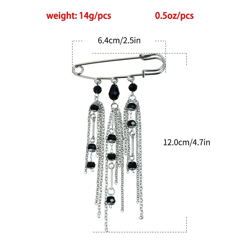 Black Crystal Tassel Brooch Metal Chain Pendant Tassel Brooch for Women Personality Charm Clothes Bag Pins Jewelry Accessories