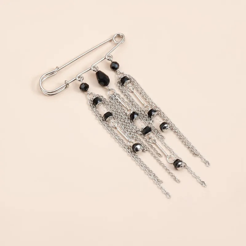 Black Crystal Tassel Brooch Metal Chain Pendant Tassel Brooch for Women Personality Charm Clothes Bag Pins Jewelry Accessories