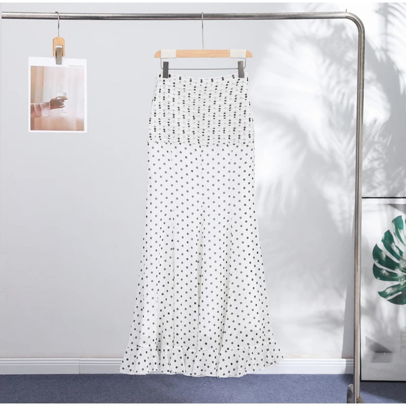 Polka Dot Women ‘s Skirt Elegant High Waist Ruched Ruffle Hem Mermaid Long Skirt Female  2026 Summer Casual Party Streetwears