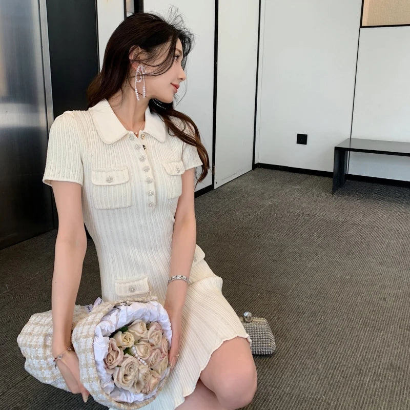 2024 Spring New Arrive Knitted Women Sequins Mini Dress Short Sleeve Turn Down Collor Ruffles Hem Lady Dress