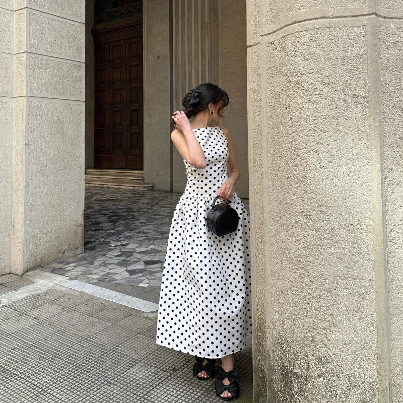Elegant Solid Polka Dot Pleated Slim Vestido Women Chic Sleeveless Off Shoulder Round Neck Maxi Dresses Summer Dinner Party Wear
