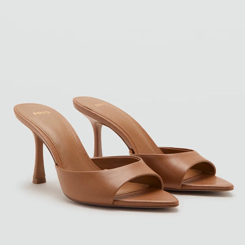 Mango Women's Summer Fashion High Heel Open Toe Sandals Thin Heel Slip-On Slippers Casual Wear Outerwear Simple Style PU Inner